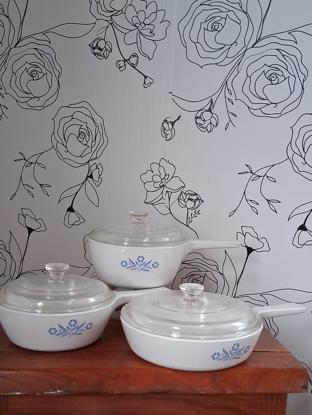 Corningware White Ceramic Saucepan Set with Blue Floral Accent - 6 Piece